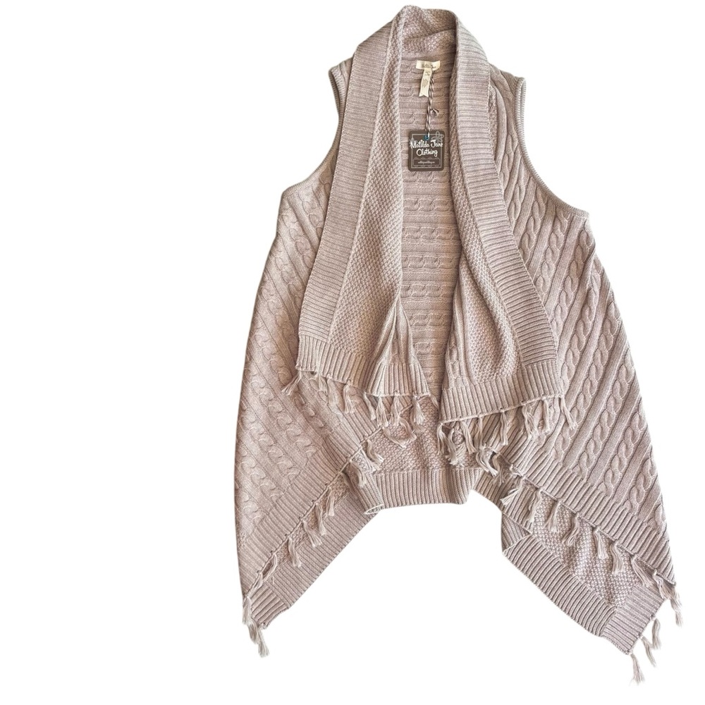 Matilda Jane Woman S Tan Beige Fringe Hem Open Minds Eye Cable Knit Sweater Vest